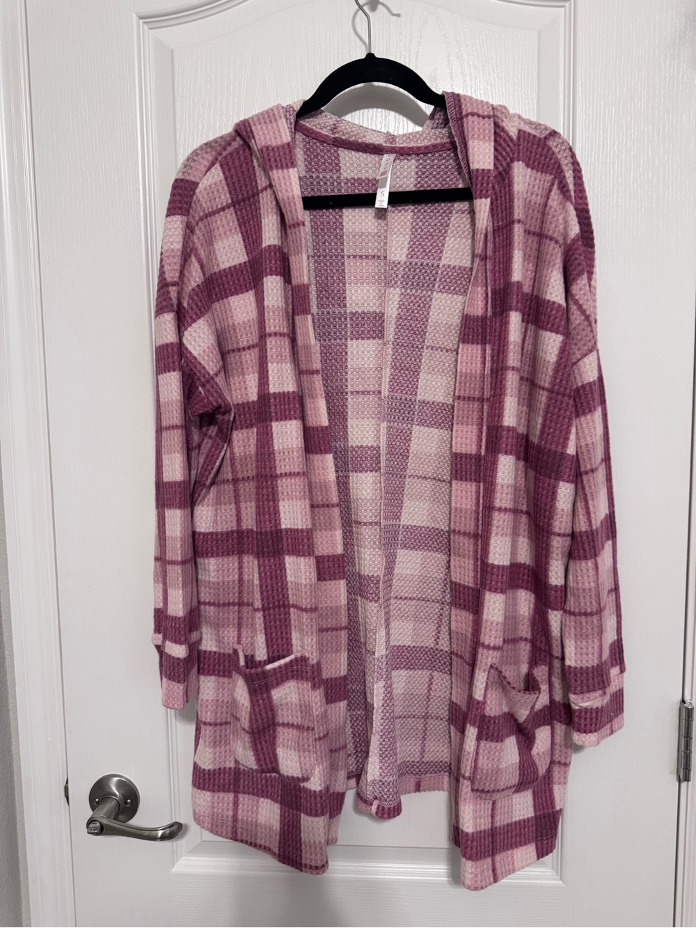LuLaRoe Pink Plaid Hooded Open-Front Cardigan